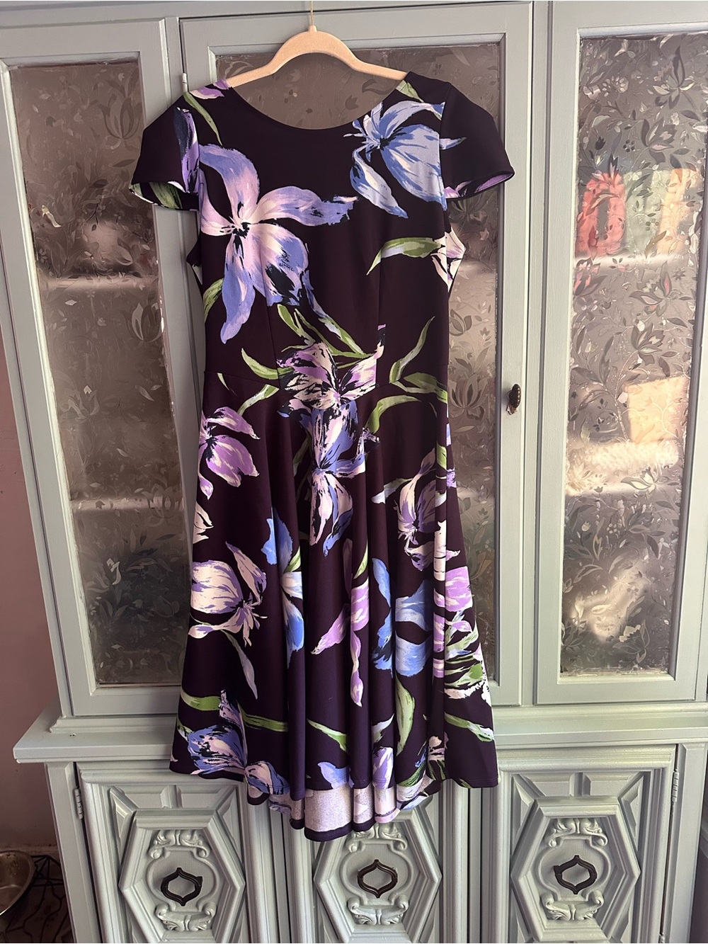 Marc Bouwer Black Fit-and-Flare Dress with Purple & Blue Floral Print